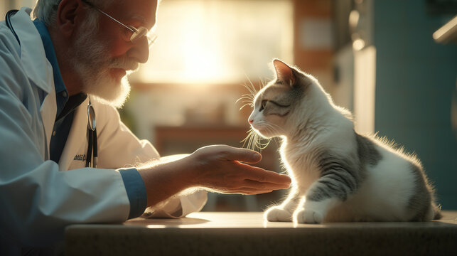 Gentle Paw Touch: An image of a cat reaching out its paw, touching the hand of a veterinary nurse