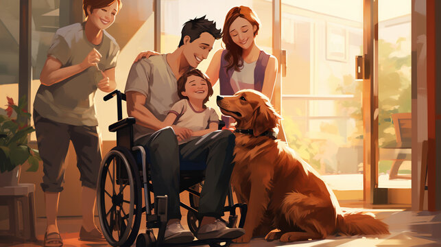 Supportive Family: A heartwarming scene of a family surrounding their sick dog in a wheelchair at the hospital