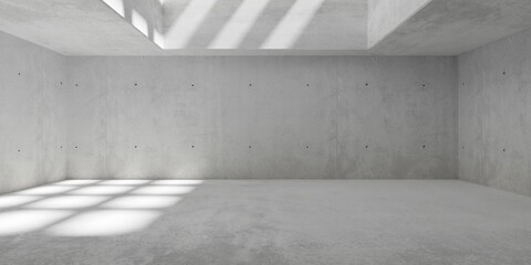 Abstract empty, modern concrete room with ceiling opening, grid shadow and rough floor - industrial interior background template - obrazy, fototapety, plakaty