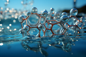 Abstract molecular structure on blue background. Science, cosmetic, medical models. Generative ai