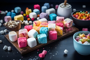 A compilation of colorful marshmallow treats and desserts