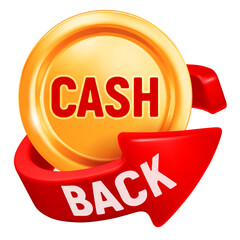 Cash back sign, realistic 3d red arrow, which symbolizing the cash back of money, swirling around  gold coin. Vector conceptual illustration