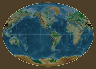 World map. Physical. Fahey projection. Meridian: -90 west