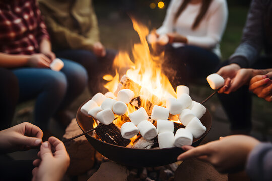 A group of friends gathered around a campfire toasting marshmallow