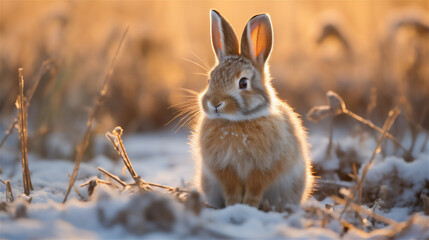A rabbit lit by the sunrise on a snowy field