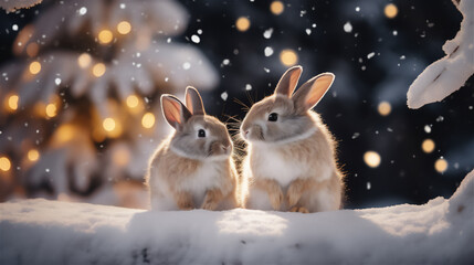 Two friendly rabbits against the background of snow and illumination