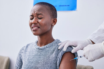Vaccine, injection and black woman with fear in clinic for virus protection, vaccination and flu...