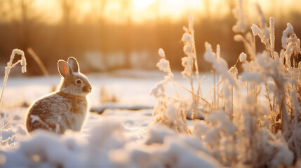 A rabbit lit by the sunrise on a snowy field - obrazy, fototapety, plakaty