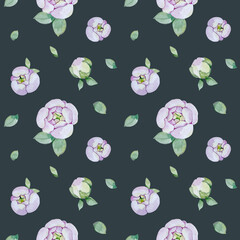 Watercolor lilac pink realism peonies bloom with green leaves seamless pattern. Botanical hand drawn floral illustration. Textile background. For linen, wrapping paper, wallpaper, card, invitation