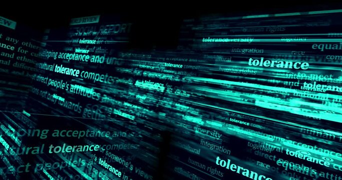 Tolerance equality respect acceptance and solidarity headline news across international media. Abstract concept of news titles on noise displays loop. TV glitch effect seamless and looped.