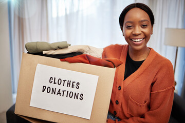 Clothes donation, charity and woman portrait with box for nonprofit and cardboard container at...