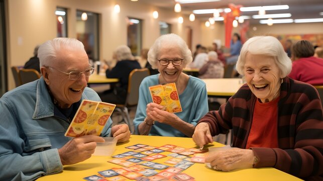 Happy seniors laughing and playing lottery, lotto or bingo. Smiling seniors winning the game