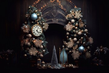 Beautiful Christmas wreath on a dark background. New Year's interior.