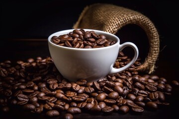 Several coffee beans on a wooden table and a cup of coffee. Culinary photography. Photos of the restaurant menu. Roasted coffee beans.
