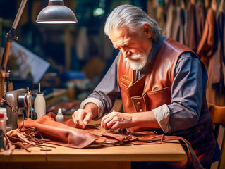 心を込めた丁寧な縫製で革製品を造る革工房の熟練職人, with Generative AI