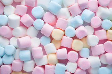 Fototapeta na wymiar top view of colorful marshmallow scattered on pastel light background