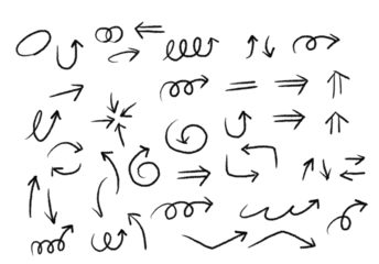 Hand drawn pencil arrows. Doodle curved chalk darts. Texture design elements of scribble lines. Hand painted crayon check