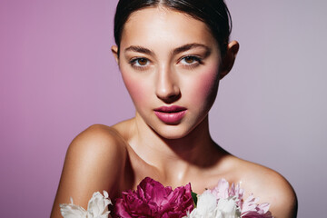 make-up woman portrait blush lip flower beauty girl pink model face