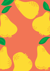 Pear fruit card design. Yellow pears background with place for text. Hand drawn minimalist fruit frame. 