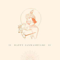 Happy Janmashtami text, premium, minimal social media banner with Shree Krishna vector outline 
