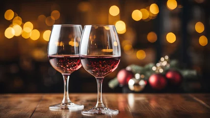 Foto op Plexiglas red wine glasses with christmas lights on wooden table © SANASAR