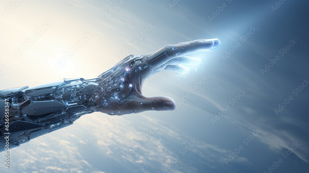 Wall mural artificial intelligent concept. robot arm hand and sky, digital ai touching the sky by generative ai
