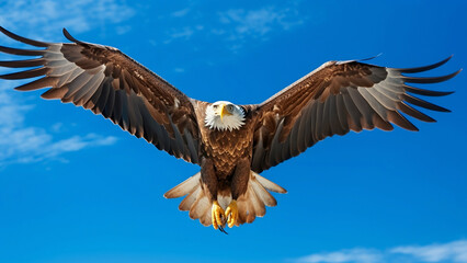 Obraz premium The bird flies with its wings spread against the blue sky. Generative AI.