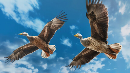 Obraz premium The bird flies with its wings spread against the blue sky. Generative AI.