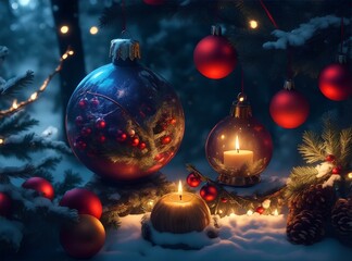Christmas postcard with balls, gifts, fir tree, snow in a magic forest. New year festive greeting card, background.