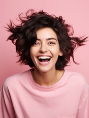 Happy woman smiling on isolated colored background