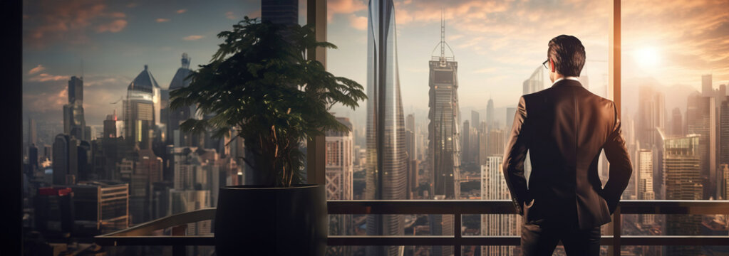 Handsome businessman standing on balcony, copy space. Created using Generative AI technology.