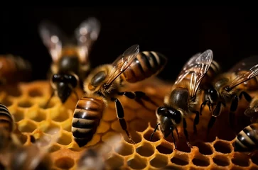 Zelfklevend Fotobehang Honey and bee insect macro shot. A bee collecting pollen generative Ai. © SavirinaArt