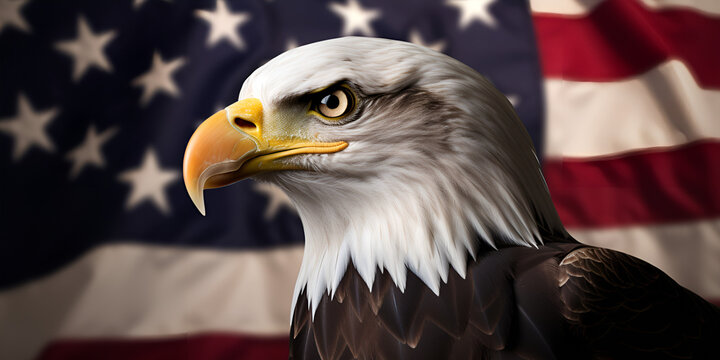 Portrait of a bald eagle in front of an American Flag