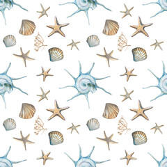 Obraz premium Watercolor summer pattern.Beach watercolor elements.Sea print.Tropic objects:seastars,seashells,algae.