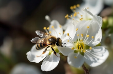 Honey and bee insect macro shot. A bee collecting pollen generative Ai.