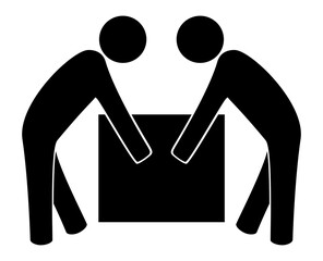 Two people lifting box symbol illustration, Heavy, black on white background