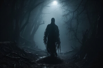 Mysterious monster lurking in the misty forest, zombie in the darkness, chilling horror or Halloween concept, eerie tall figure, the lurking death