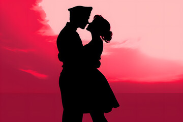 A silhouette of a sailor kissing a nurse - obrazy, fototapety, plakaty