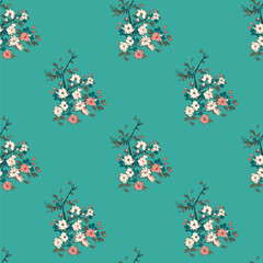 Vector seamless half-drop pattern, with flowers