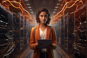Big data center female chief technology officer using tablet PC. Young woman programmer in the server control room.