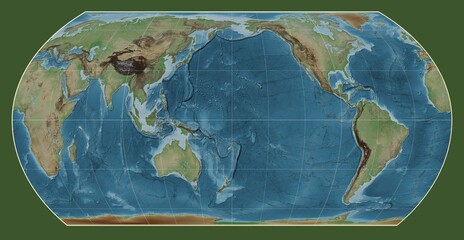 World map. Colored elevation. Hatano Asymmetrical Equal Area projection. Meridian: 180