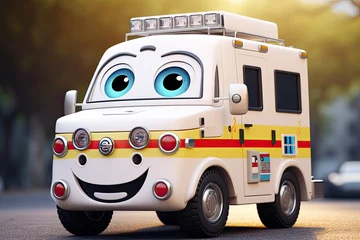 Fotobehang Cute smiling Cartoon white ambulance car Character, ultra detailed on street background © zakiroff