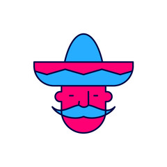 Filled outline Mexican man wearing sombrero icon isolated on white background. Hispanic man with a mustache. Vector