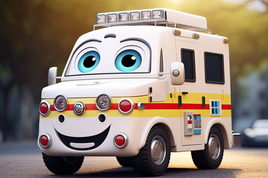 Cute smiling Cartoon white ambulance car Character, ultra detailed on street background