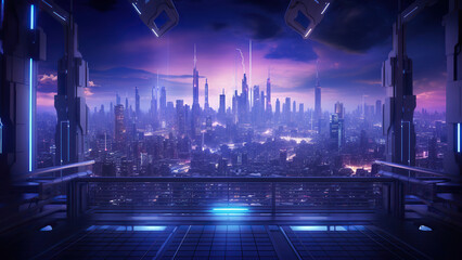 Illustration of the city of the future in neon purple lights