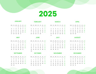 Wall calendar 2025 design template, week starting from Monday. Clean, elegant template schedule planner, abstract gradient color luxury concept, perfect use in home school college and office