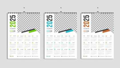 Wall calendar 2025 design template, week starting from Monday. Clean, elegant template schedule planner, abstract gradient color luxury concept, perfect use in home school college and office