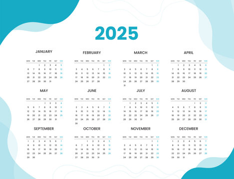 Wall calendar 2025 design template, week starting from Monday. Clean, elegant template schedule planner, abstract gradient color luxury concept, perfect use in home school college and office