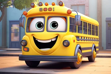 Gordijnen Smiling friendly Cartoon character yellow colour school bus on a street © zakiroff