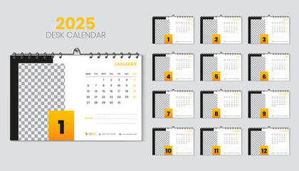 Desk calendar 2025 planner and corporate design template set, Annual calendar 2025 for 12 months, week starts Monday, abstract orange gradient color shape with vector layout
